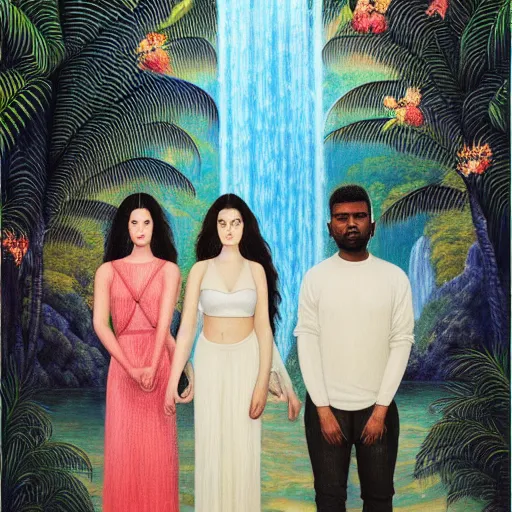 Image similar to a ultradetailed beautiful painting of lorde, frank ocean, the weeknd and lana del rey standing in front of the diamonds waterfall in the amazonas palace balustrade designed by jules bastien - lepage, tarsila do amaral, frank weston and gustave baumann, beach, trending on artstation, mediterranean, palm trees, sharp focus, soft light, 8 k 4 k