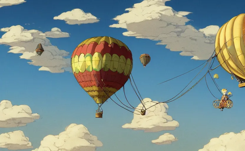 Image similar to a single steampunk hot air balloon flying through the sky with fluffy white clouds and a double rainbow, detailed digital concept art, 4 k movie still, by studio ghibli and winsor mccay