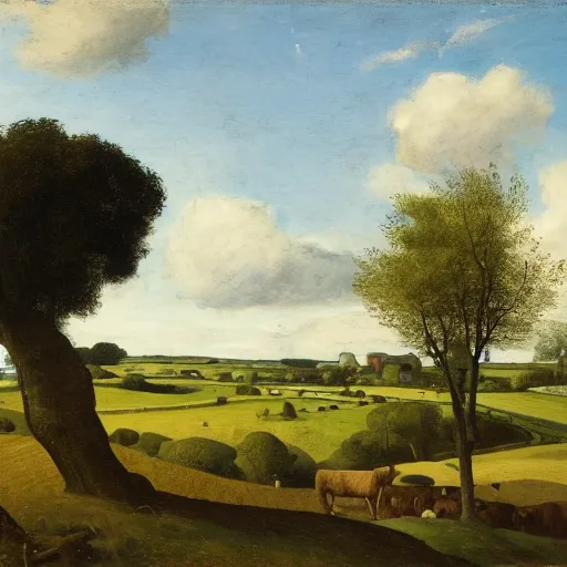 Image similar to a Landscape of pastoral agriculture, English green rolling hills, hay stack, oak tree, distant clouds, distant river, Style of vermeer view of delft, highly detailed, 8k