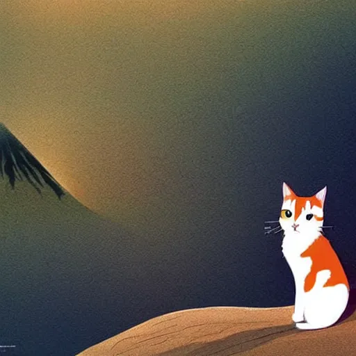 Prompt: a calico cat walking up mount fuji in the style of studio ghibli