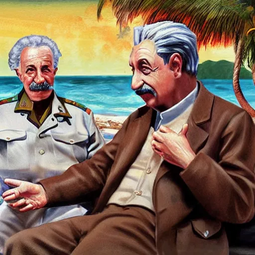 Prompt: Albert Einstein discussing a war strategy with Stalin on a caribbean beach while drinking rum, digital painting, concept art, detailed