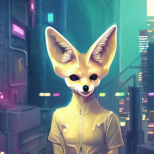 Prompt: portrait futuristic fennec fox animal, wearing a santa hat on their head, in cyberpunk tokyo rooftop , sci-fi, fantasy, intricate, very very beautiful, elegant,, neon light, highly detailed, digital painting, artstation, concept art, smooth, sharp focus, illustration, art by tian zi and WLOP and alphonse mucha