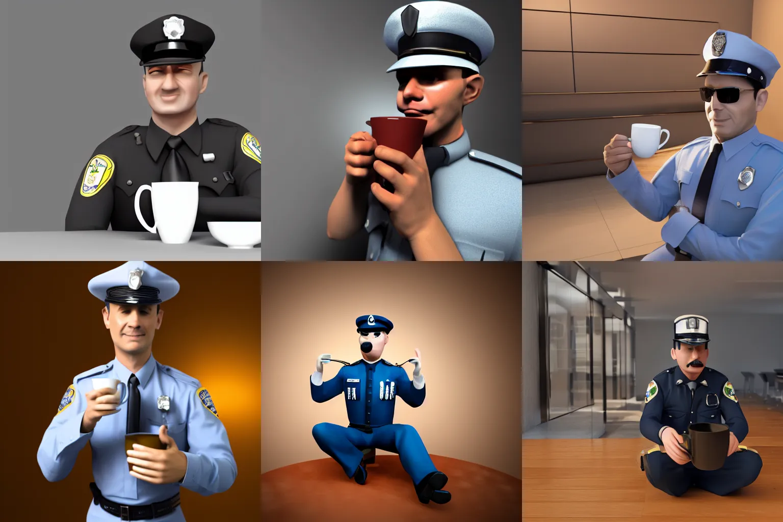 Prompt: 3d render of a cute policeman drinking a cup of coffee, 4k, raytracing