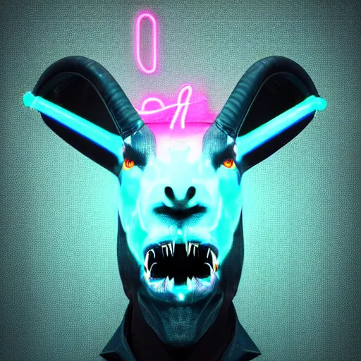 Prompt: synthwave demonic scary goat face with neon horns, detailed face, sharp focus, synthwave art, aesthetic, octane render, raw, cinematic