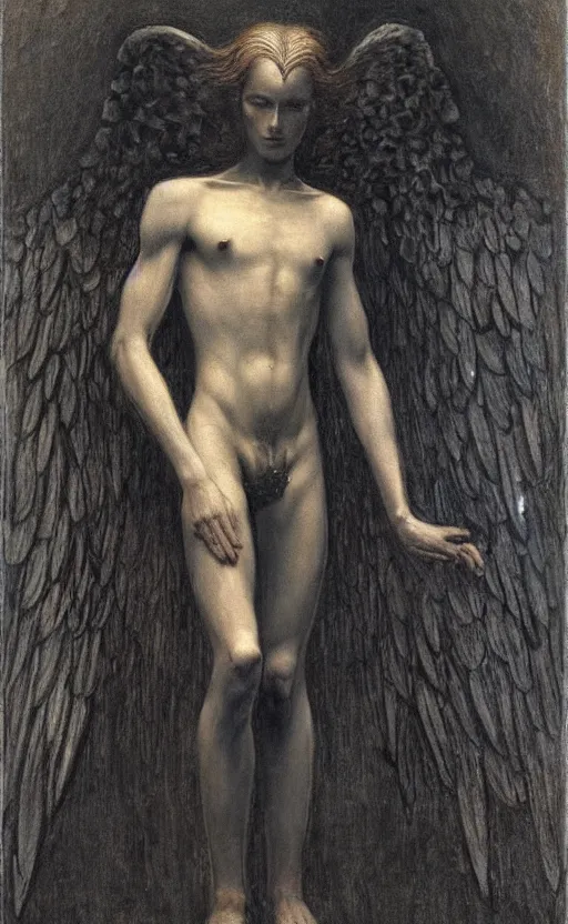 Image similar to Say who is this with silver hair so dark and Wan! and thin? beautiful lone single Male!! angel, Hades Death, in the style of Jean Delville, Lucien Lévy-Dhurmer, Fernand Keller, Fernand Khnopff, oil on canvas, 1896, 4K resolution, aesthetic, mystery