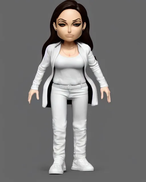 Prompt: full body 3d render of Angelina jolie as a funko pop, studio lighting, white background, blender, trending on artstation, 8k, highly detailed