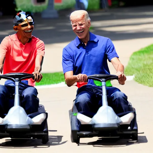 Image similar to obama and biden driving go - karts together at the fair