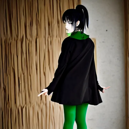 Image similar to a girl dressed in a black and green outfit in the style of Kishimoto Masashi