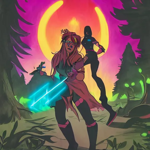 Image similar to comic book cover of a ( woman with long hair swinging ( neon sword ) ) and ( soldier with ( glowing gloves and boots ) ) fighting a ( shadow demon creature ) in a forest, illustration, studio ghibli, inked, epic, fantasy, professional