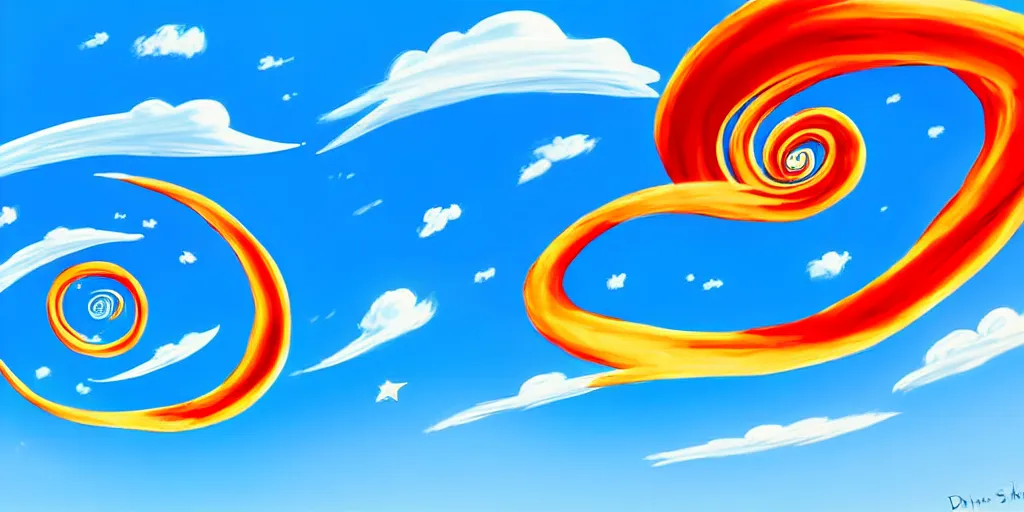 Image similar to cartoon concept art, clean blue sky, spiral clouds, from dr. seuss