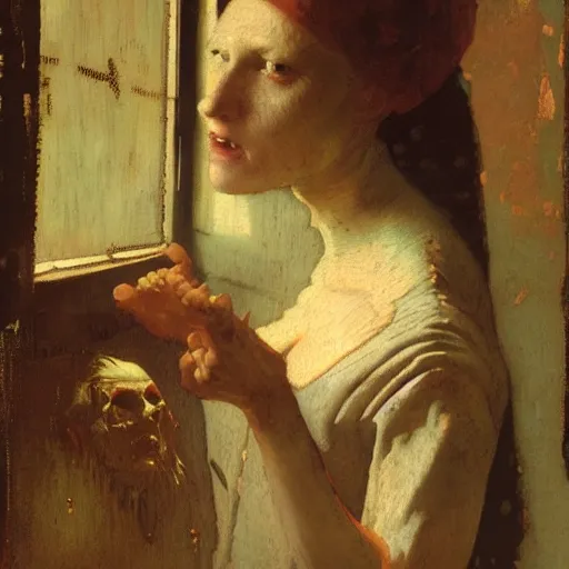 Image similar to women of the damned illustrated by johannes vermeer, greg rutkowski, gaston bussiere, van gogh, davinci, and zdzisław beksinski, award - winning, cgsociety contest winner