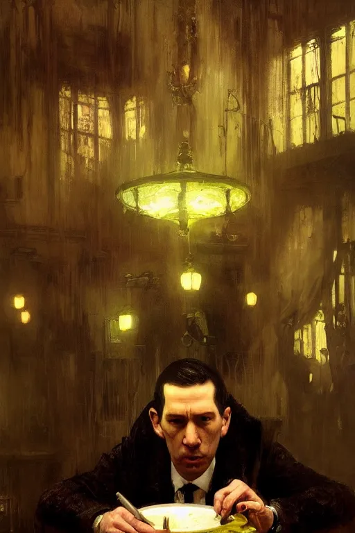 Prompt: , h p lovecraft eating soup at the victorian dining room hyperrealistic portrait, bladerunner street, art of elysium by jeremy mann and alphonse mucha and greg rutkowski, fantasy art, photo realistic, dynamic lighting, artstation, poster, volumetric lighting, very detailed face, 4 k, award winning