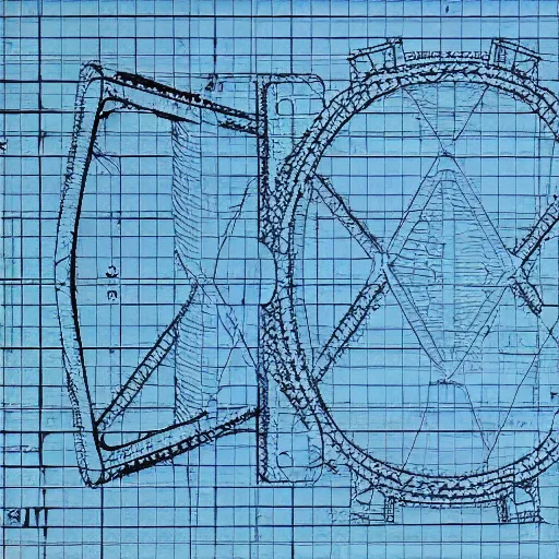 Image similar to impossible object, engineering drawing on blueprint paper