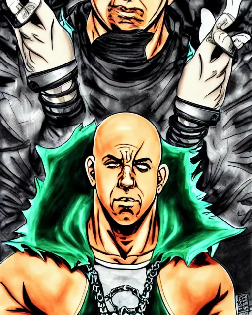 Image similar to Digital color pen drawing of Vin Diesel from JoJo\'s Bizzare Adventure, highly detailed, sharp focus, screentone shading, 1990 manga panel, trending on ArtStation, manga cover art drawn by Hirohiko Araki