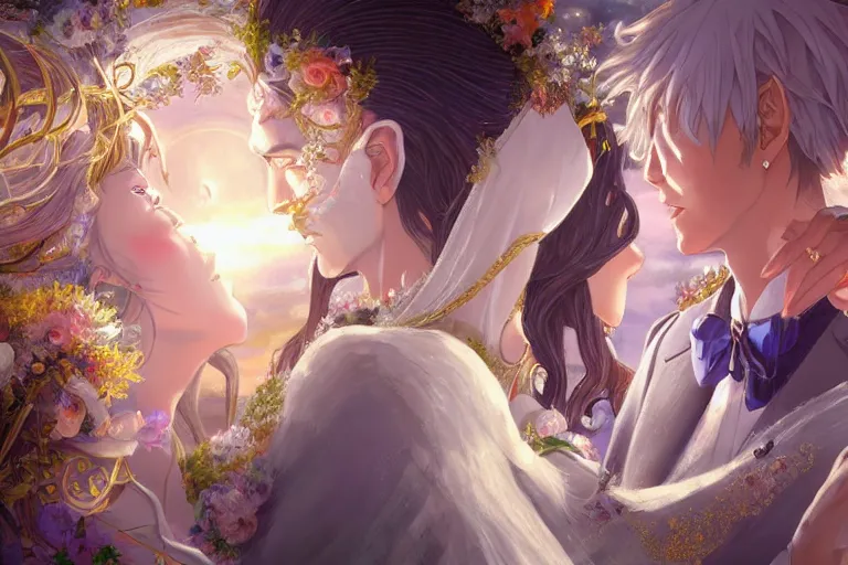 Image similar to a dreamlike portrait of wedding close up moment of a divine a japan sun god and moon goddess lovers magician at a wedding banquet. highly detailed, digital painting, fantasy wedding screen, 8 k realistic, hyper detailed, by makoto shinkai and akihiko yoshida and hidari and wlop