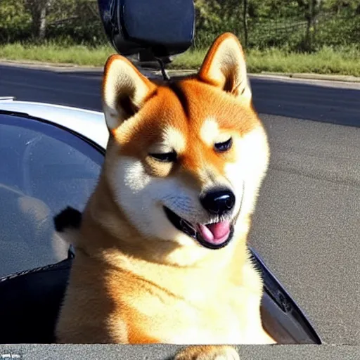 Prompt: a photo of a shiba inu driving a pickup truck is given a speeding ticket by a k 9 dog cop for speeding in the highway