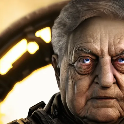 Image similar to george soros in gears of war, splash art, movie still, cinematic lighting, detailed face, dramatic, octane render, long lens, shallow depth of field, bokeh, anamorphic lens flare, 8 k, hyper detailed, 3 5 mm film grain