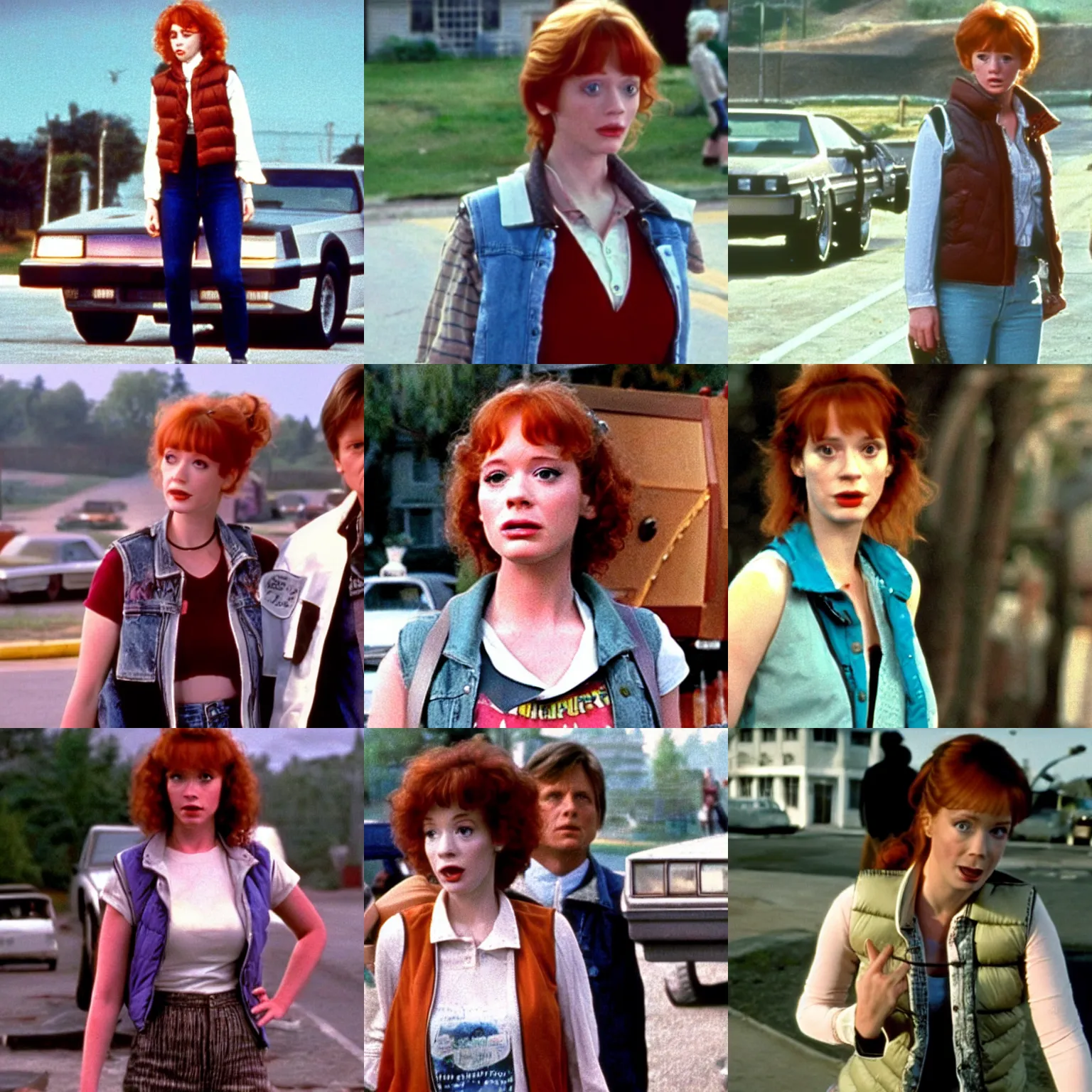 Prompt: female marty mcfly, wearing vest, played by young christina hendricks, back to the future movie still, hill valley in background ( 1 9 8 5 )