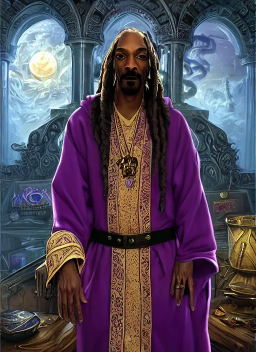 Prompt: snoop dogg as a mage, short beard, grumpy, intricate purple robes, Ivan Aivakovsky, Boris Vallejo, epic fantasy character art, D&D Concept Art, full length, ultra Realistic, Regal, Refined, Detailed Digital Art, Exquisite detail, post-processing, masterpiece, Cinematic Lighting, Unreal Engine, 8k, HD,