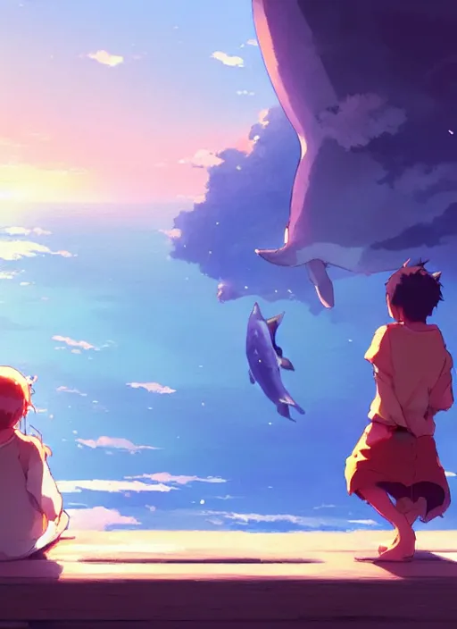 Prompt: boy and girl watching whales on sky, illustration concept art anime key visual trending pixiv fanbox by wlop and greg rutkowski and makoto shinkai and studio ghibli