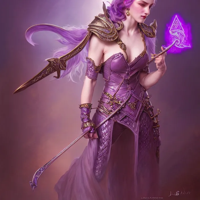 Prompt: d & d bard with her lilac leather armor, volumetric lighting, fantasy, intricate, elegant, highly detailed, lifelike, photorealistic, digital painting, artstation, fox ears illustration, concept art, sharp focus, by john collier and albert aublet and krenz cushart and artem demura and alphonse mucha