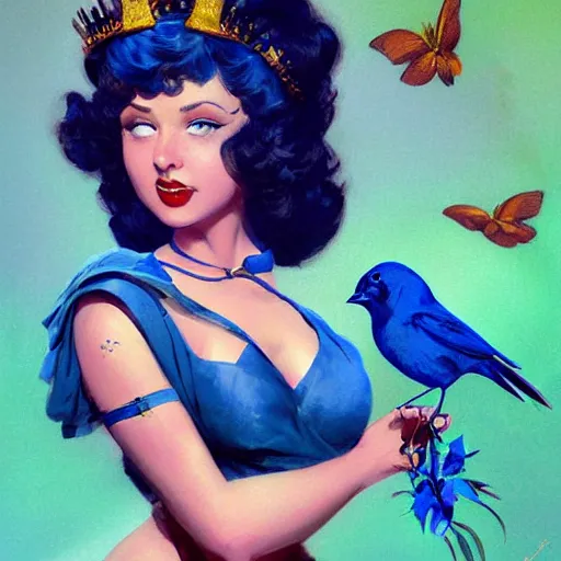 Prompt: pinup girl holding an indigo bunting, bird, the bird is wearing a crown and bowtie by greg rutkowski, rossdraws, gil elvgren, enoch bolles, anime, very coherent