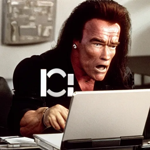 Prompt: arnold schwarzenegger as conan the barbarian sitting at a desk, as an office worker, in an office, inside an office building, sitting at a desk, angrily shouting and pointing at a laptop, laptop computer, crisp lighting, corporate photography