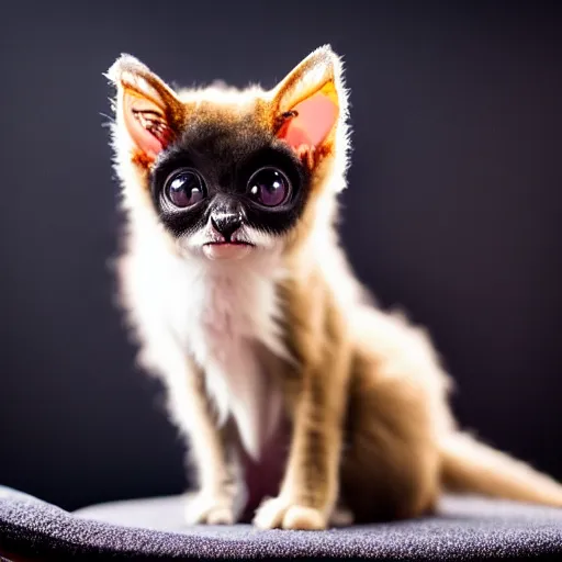 Image similar to a photo of a cute bat kitten, sitting on a chair, photo taken by a nikon, very detailed, 8k