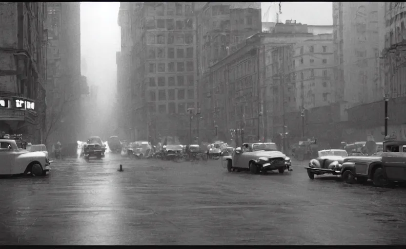 Image similar to 40s historic footage of a sovietic street with pedestrians, aerial view , aerial view Cinestill 800t 18mm, heavy grainy picture, very detailed, high quality, 4k panoramic, billboards and streetlight at night, rain, mud, foggy