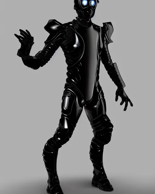 Image similar to iridescent sinewy smooth muscular male sleek glossy black pearlescent scifi armor with smooth black featureless helmet, by thedarkestseason neil nelson, trending on artstation