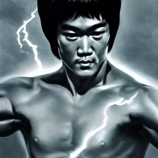 Image similar to bruce lee as the greek god of lightning, highly detailed, by artgerm and greg rutkowski