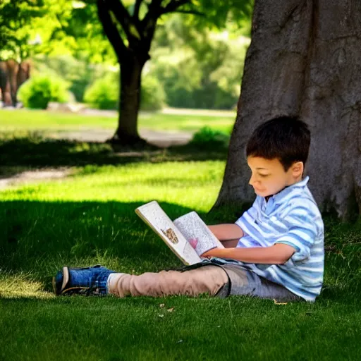 Prompt: a young boy reading a book about atoms sat in a public park, a sense of awe, warm dappled light, trees, in the style of norman rockwell