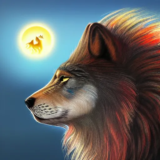 Image similar to profile view of cute fluffy wolf with long colorful flowing lion mane blowing in the wind with mohawk top hairstyle hybrid animal detailed painting 4 k