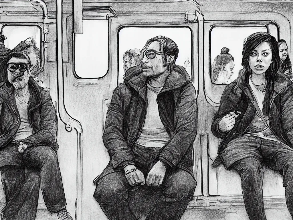 Image similar to a pencil drawing by Geoff Darrow, 3/4 low angle view wide shot of two people sitting in an empty Chicago subway train, in front of windows: a sad Aubrey Plaza in a parka and a friendly Mads Mikkelsen in a suit