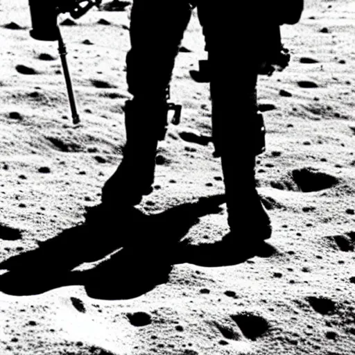 Image similar to Apollo astronaught walks along the Moon\'s surface with the Earth clearly visible in the sky.