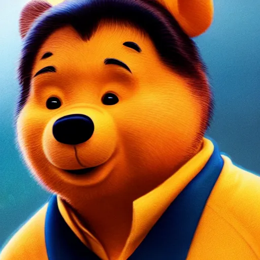 Image similar to film still photo portrait of xi jinping cosplaying as winnie the pooh, realistic, hyperrealistic, 8 k resolution, hd quality, very detailed, highly detailed, intricate details, real life, real world, trending on artstation, digital art, really realistic, very realistic, headshot, head in frame, photograph, portrait