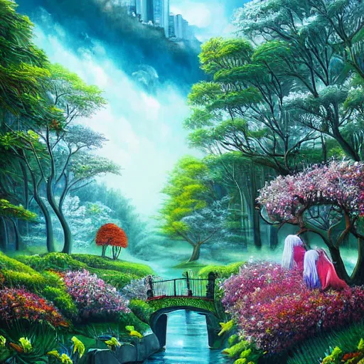 Prompt: Beautiful city of the future in harmony with nature. Beautiful detailed painting by Lurid. (2022)