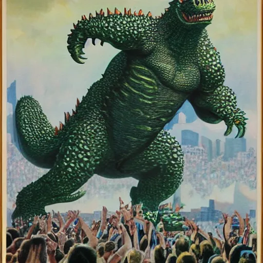 Image similar to beautiful lifelike painting of godzilla breakdancing at a rap concert, hyperreal detailed facial features and uv lighting, art by ed roth and basil wolverton