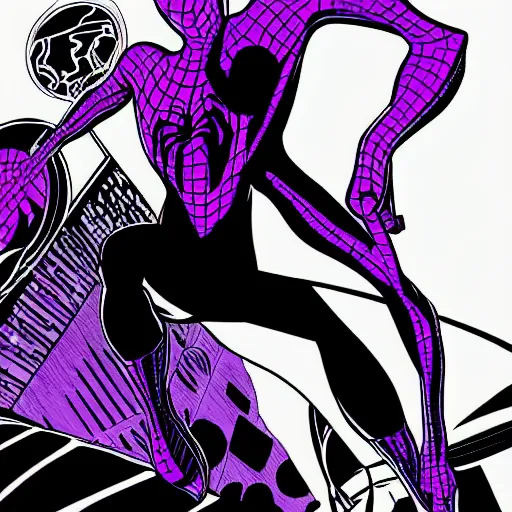 Image similar to black and purple spiderman drawn in comic book art style by steve ditko, 4 k digital art