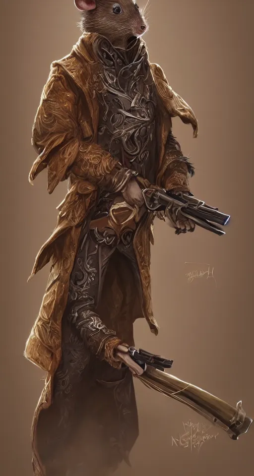 Prompt: a highly detailed illustration of a rat wearing a long coat holding a wooden shotgun, dramatic standing, intricate, elegant, highly detailed, centered, digital painting, artstation, concept art, smooth, sharp focus, league of legends concept art, wlop