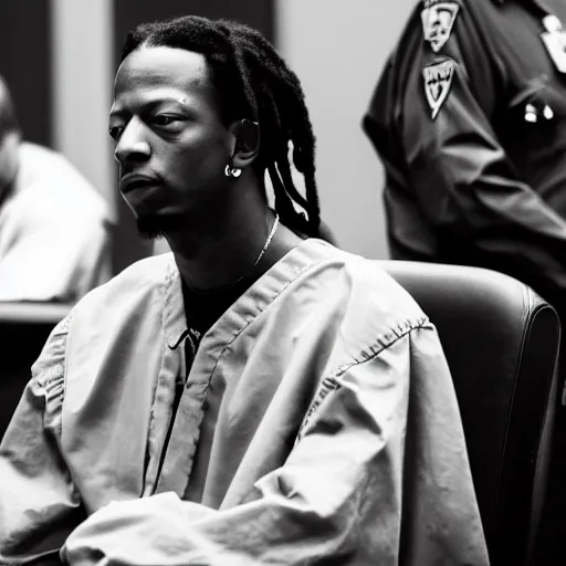 Prompt: Joey Badass in a trial in court, dslr photograph
