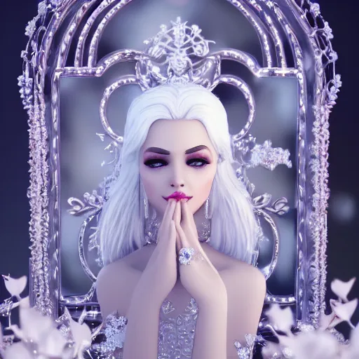 Image similar to wonderful princess of white diamonds with fair skin, white hair, white flowers, ornate with white diamonds, 8 k, gorgeous, intricate, detailed, glowing white accent lighting, dramatic lighting, octane render