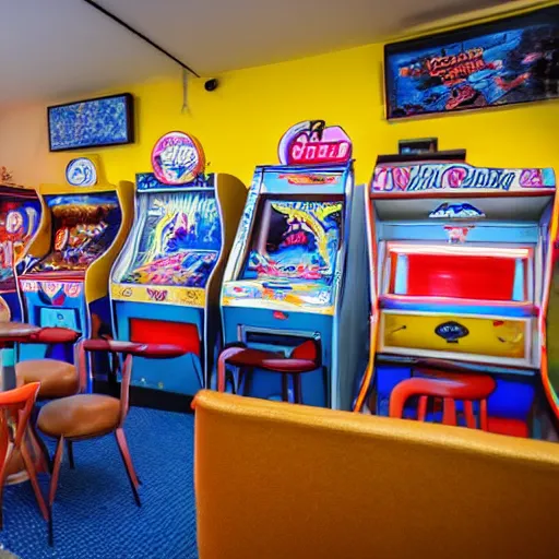 Prompt: photo of a sober styled retro arcade / cafe with 8 0 s art on the tall white walls, wide angle shot 4 k hdr