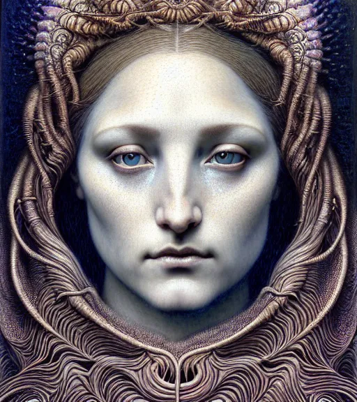 Prompt: detailed realistic beautiful twilight goddess face portrait by jean delville, gustave dore, iris van herpen and marco mazzoni, art forms of nature by ernst haeckel, art nouveau, symbolist, visionary, gothic, neo - gothic, pre - raphaelite, fractal lace, intricate alien botanicals, ai biodiversity, surreality, hyperdetailed ultrasharp octane render