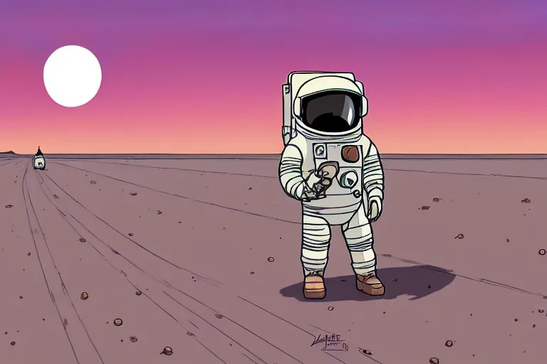 Image similar to a study of a cell shaded cartoon astronaut holding and smoking a joint on a desert road in front of a big moon, full body, wide shot, very muted colors, post grunge, studio ghibli, laurie greasley, highly detailed, deviantart, art by artgem