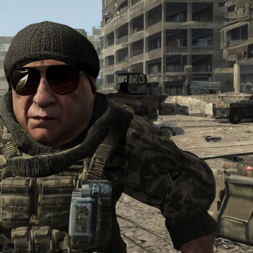 Prompt: Danny DeVito in Call of Duty Modern Warfare 2, COD MW2, screenshot