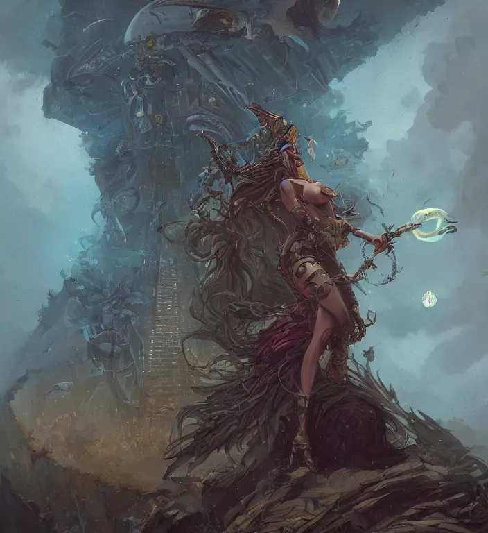 Prompt: full body illustration of a goddess, tarot card, dark souls colour scheme, establishing shot, coherent, high detailed, peter mohrbacher, kerem beyit, Karol Bak, Chris Cold, james gurney, dan mumford, featured on artstation