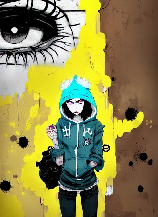 Image similar to highly detailed portrait of a sewerpunk student lady, blue eyes, hoody, beanie hat, white hair by atey ghailan, by greg tocchini, by jim mahfood, by greg rutkowski, by joe fenton, by kaethe butcher, gradient yellow, black, brown and cyan color scheme, grunge aesthetic!!! ( ( graffiti tag wall background ) )
