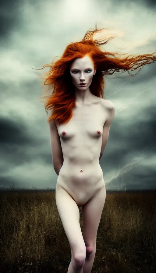 Image similar to photo of a gorgeous young caucasian redhead girl , full body, high fashion model, searching for eternity, skulls around, cloud goddess, duality, far away dreamy atmosphere, rays of light, deep shadows, demons in the style of stefan kostic, hyper realistic, sharp focus, 8k high definition, high fashion, vogue, insanely detailed, intricate, elegant, art by stanley lau and artgerm, brom