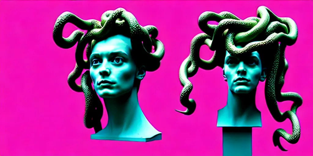 Prompt: modern sculpture, young woman as medusa, multiple poses, androgynous, vaporwave, vhs still